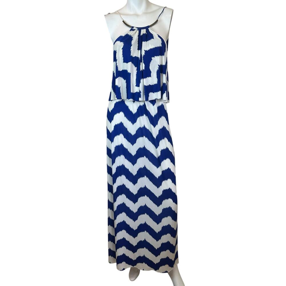 T-Bags Los Angeles Blue and White Chevron Print Jersey Maxi Dress sz XS - Picture 2 of 16
